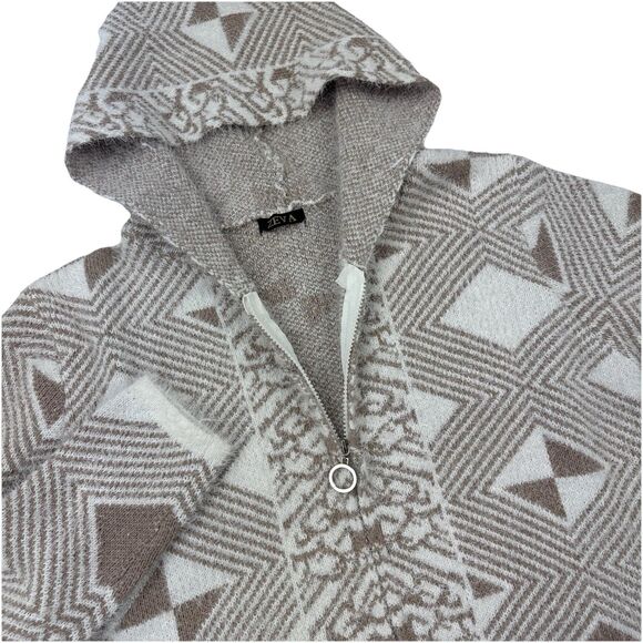 ZEVA Beige White Geometric Hooded Cardigan Sweater Coat Zip Front Pockets L - Picture 1 of 9